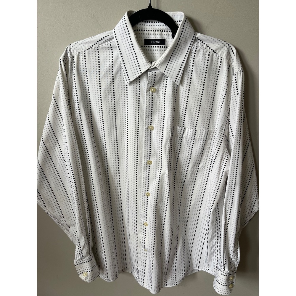 Cezani Mens is 100% Cotton Button Down Shirt White Black Geometric Grid Stripe L